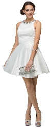 Jeweled Collar Scoop Neck Short Homecoming Party Dress in Off White