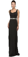 Wide V-Neck Beaded Waist Long Formal Prom Dress in Black
