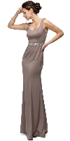 Wide V-Neck Beaded Waist Long Formal Prom Dress in Mocha