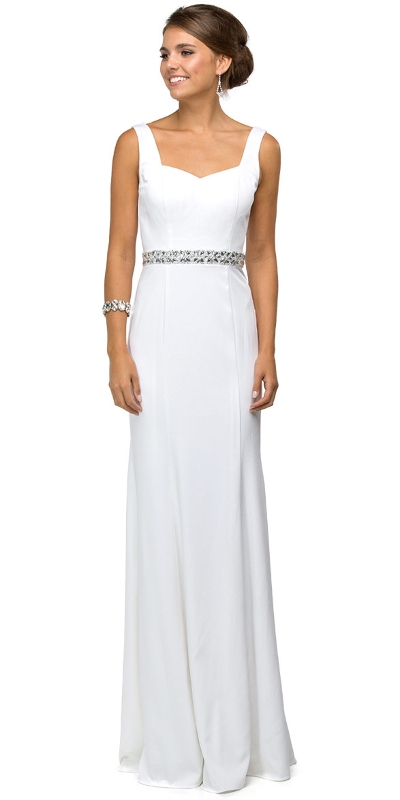 Wide V-Neck Beaded Waist Long Formal Prom Dress