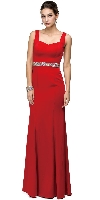 Wide V-Neck Beaded Waist Long Formal Prom Dress in Red