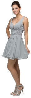 V-Neck Ruched Bodice Short Homecoming Bridesmaid Dress in Silver