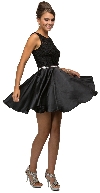 Lace Bodice Beaded Waist Short Homecoming Graduation Dress in Black