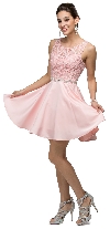 Lace Bodice Beaded Waist Short Homecoming Graduation Dress in Blush