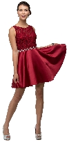 Lace Bodice Beaded Waist Short Homecoming Graduation Dress in Burgundy