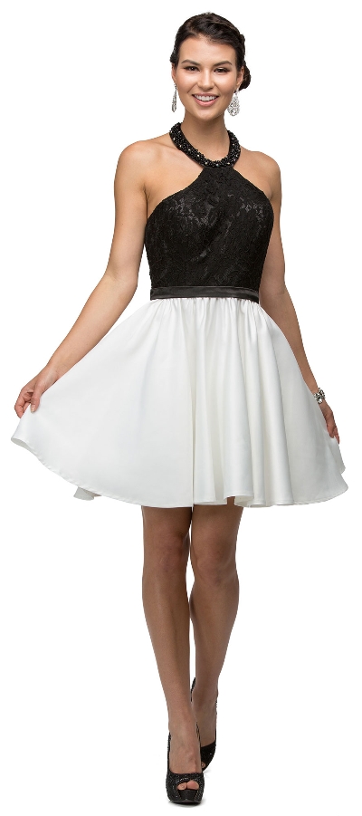 Halter Lace Top Beaded Neck Short Homecoming Party Dress