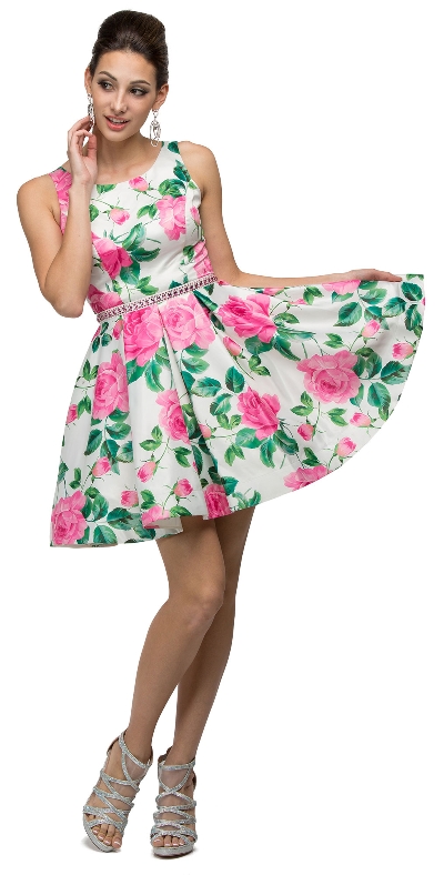 Floral Print Cut-Out Back Sleeveless Short Homecoming Dress