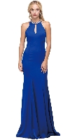 Jeweled Collar Cut Out Back Long Jersey Prom Dress in Royal Blue