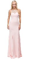 Rhinestones Mesh Neck & Back Long Formal Prom Dress in Blush