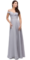 Cold Shoulder Beaded Waist Long Bridesmaid Prom Dress in Silver