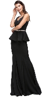 Deep V-Neck Peplum Bodice Long Formal Prom Dress in Black