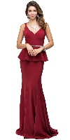 Deep V-Neck Peplum Bodice Long Formal Prom Dress in Burgundy