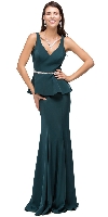 Deep V-Neck Peplum Bodice Long Formal Prom Dress in Green