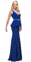 Deep V-Neck Peplum Bodice Long Formal Prom Dress in Royal Blue