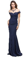 Mock Off-the-shoulder Bejeweled Neck Long Prom Dress in Navy