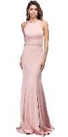 Scoop Neck Bejeweled Waist Racerback Long Prom Dress in Blush
