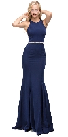 Scoop Neck Bejeweled Waist Racerback Long Prom Dress in Navy