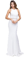 Scoop Neck Bejeweled Waist Racerback Long Prom Dress in Off White