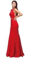 Scoop Neck Bejeweled Waist Racerback Long Prom Dress in Navy