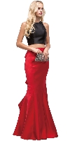 Short Top Long Ruffled Back Skirt Two Piece Prom Dress in Red