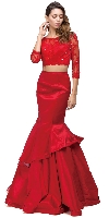 Floral Mesh Crop Top Mermaid Skirt Two Piece Prom Dress in Red