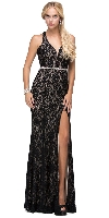 Main image of Deep V-Neck Rhinestones Waist Lace Long Prom Dress