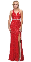 Deep V-Neck Rhinestones Waist Lace Long Prom Dress in Red