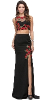 Floral Applique Mesh Top Two Piece Long Prom Dress in Black/Red