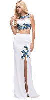 Floral Applique Mesh Top Two Piece Long Prom Dress in White