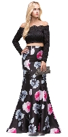 Off-the-Shoulder Lace Top Floral Skirt Two Piece Prom Dress in Black