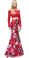 Main image of Off-the-Shoulder Lace Top Floral Skirt Two Piece Prom Dress