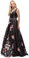 V-Neck Floral Print Rhinestones Waist A-line Long Prom Dress in Black