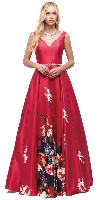 V-Neck Floral Print Rhinestones Waist A-line Long Prom Dress in an alternative image