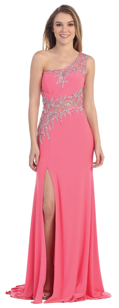 One Shoulder Web Beaded Pattern Long Prom Pageant Dress
