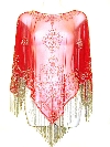 Broad V-Neck Beaded Mesh Poncho with Fringes in Red
