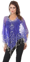 Main image of Broad V-Neck Beaded Mesh Poncho with Fringes