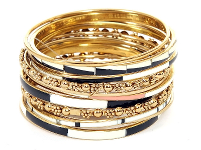 Set of 14 Gold Accented Black/Ivory Bangle Bracelets
