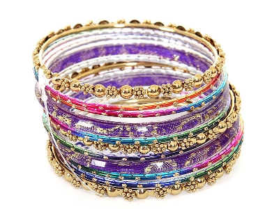 Set of 11 Purple/Gold Bangles Bracelets