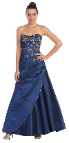 Strapless Asymmetric A-Shape Beaded Long Formal Prom Dress in Navy