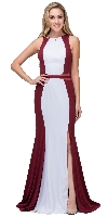High Neck Color Block Mesh Insert Long Formal Evening Dress in Burgundy/White