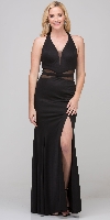 Halter Neck Mesh Panels Front Slit Long Formal Prom Dress in Black