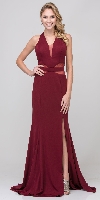 Halter Neck Mesh Panels Front Slit Long Formal Prom Dress in Burgundy