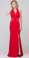 Halter Neck Mesh Panels Front Slit Long Formal Prom Dress in Red