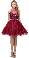 High Neck Bejeweled Bodice Mesh Short Homecoming Dress in Burgundy