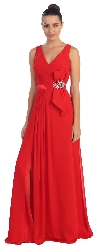 Main image of V-Neck Pleated Bow Accent Long Formal Prom Dress
