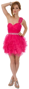 One Shoulder Tiered Skirt Mesh Short Prom Dress  in Fuchsia