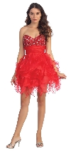 Strapless Organza Beaded Prom dress with Ruffled Skirt in Red