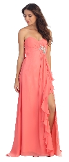 Strapless Long Bridesmaid Dress with Ruffled Side Slit  in Coral