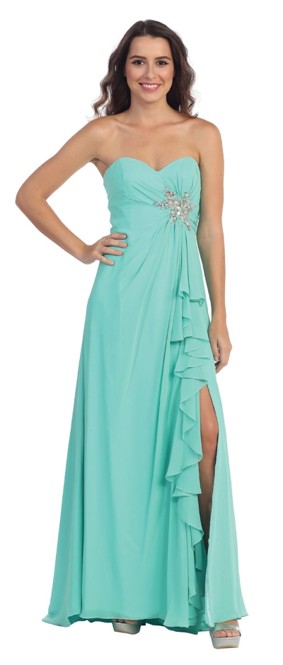 Strapless Long Bridesmaid Dress with Ruffled Side Slit