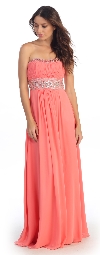 Strapless Beaded Waist Empire Cut Long Formal Dress  in Coral